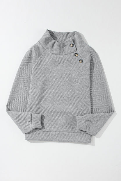 Black Asymmetric Buttons Detail High Neck Textured Sweatshirt