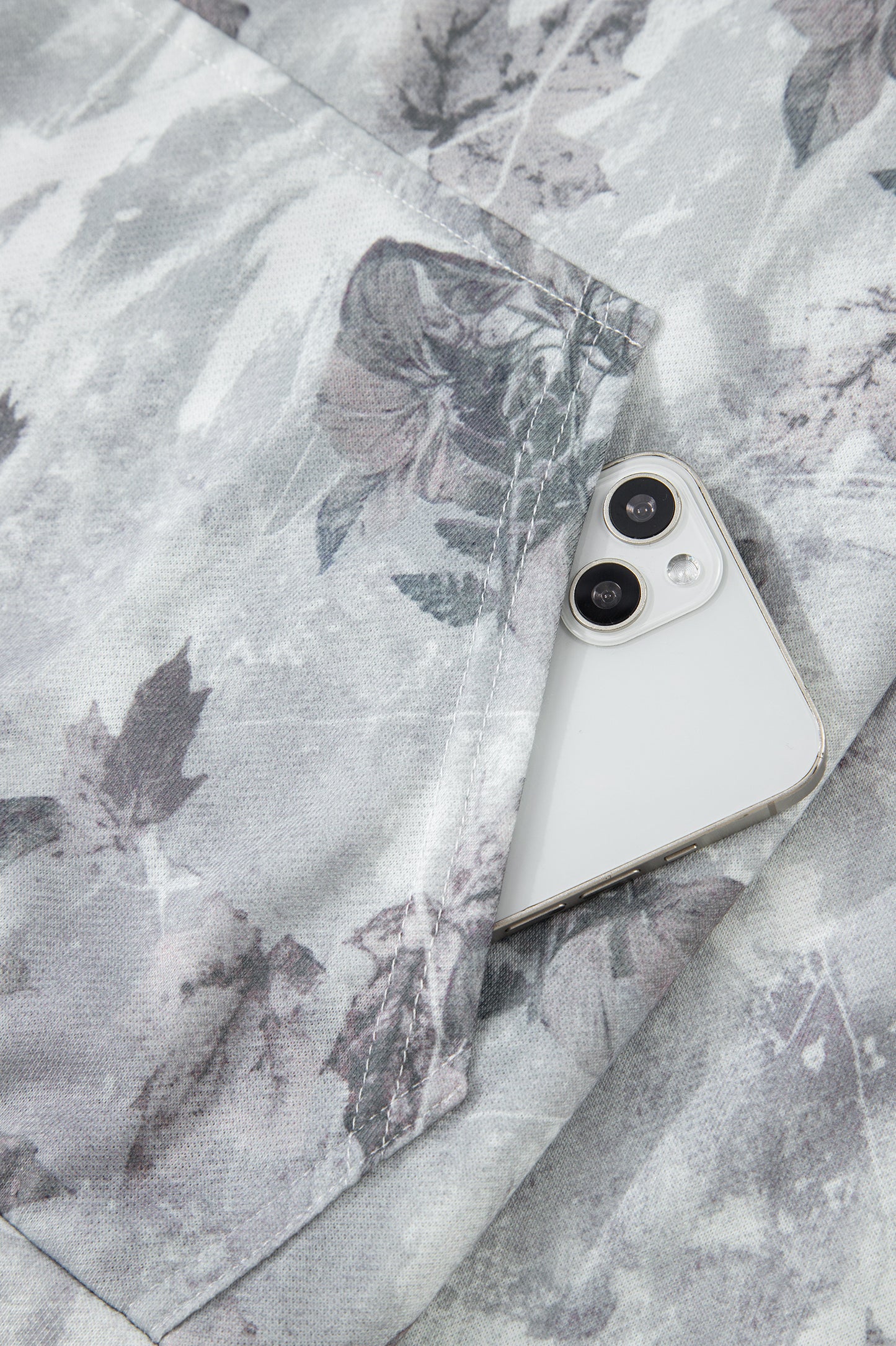 Gray Camo Leaf Print Quarter Zip Hoodie with Pocket