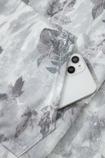 Gray Camo Leaf Print Quarter Zip Hoodie with Pocket