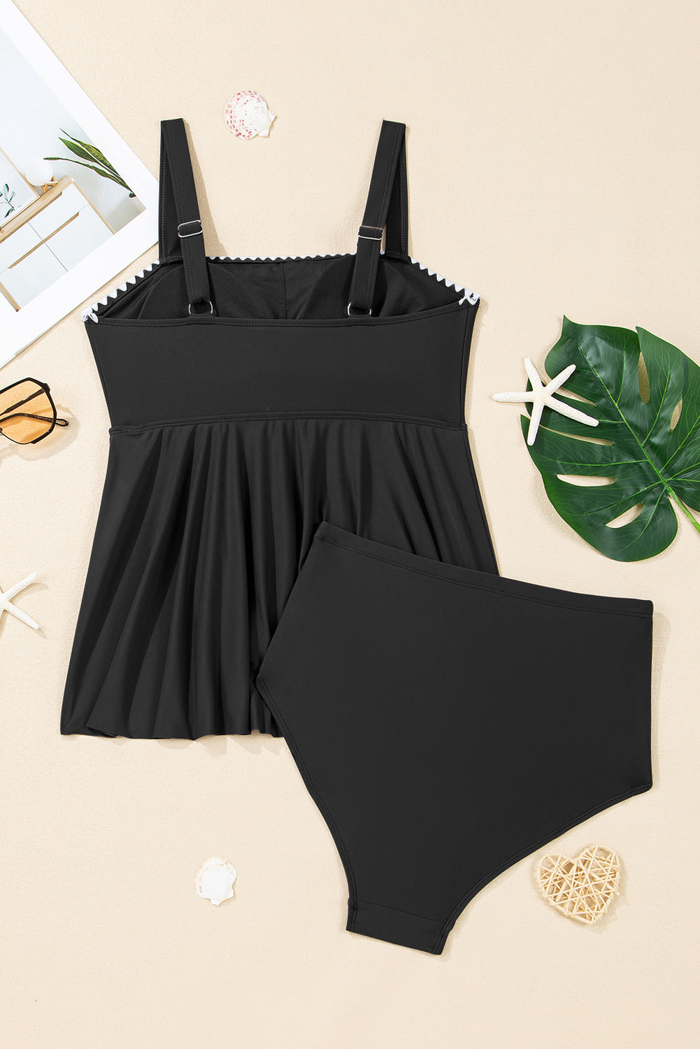 Navy Ricrac Trim Flared Spaghetti Strap Tankini Set