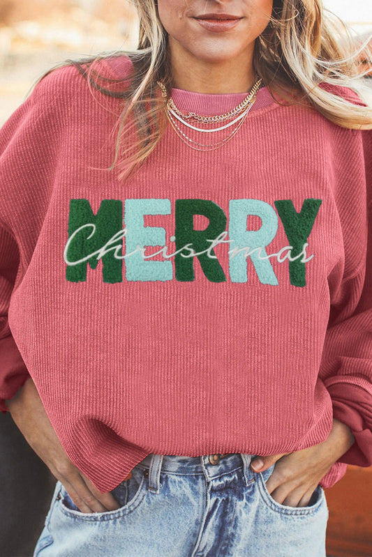 Strawberry Pink Chenille Letter MERRY Christmas Sweatshirt