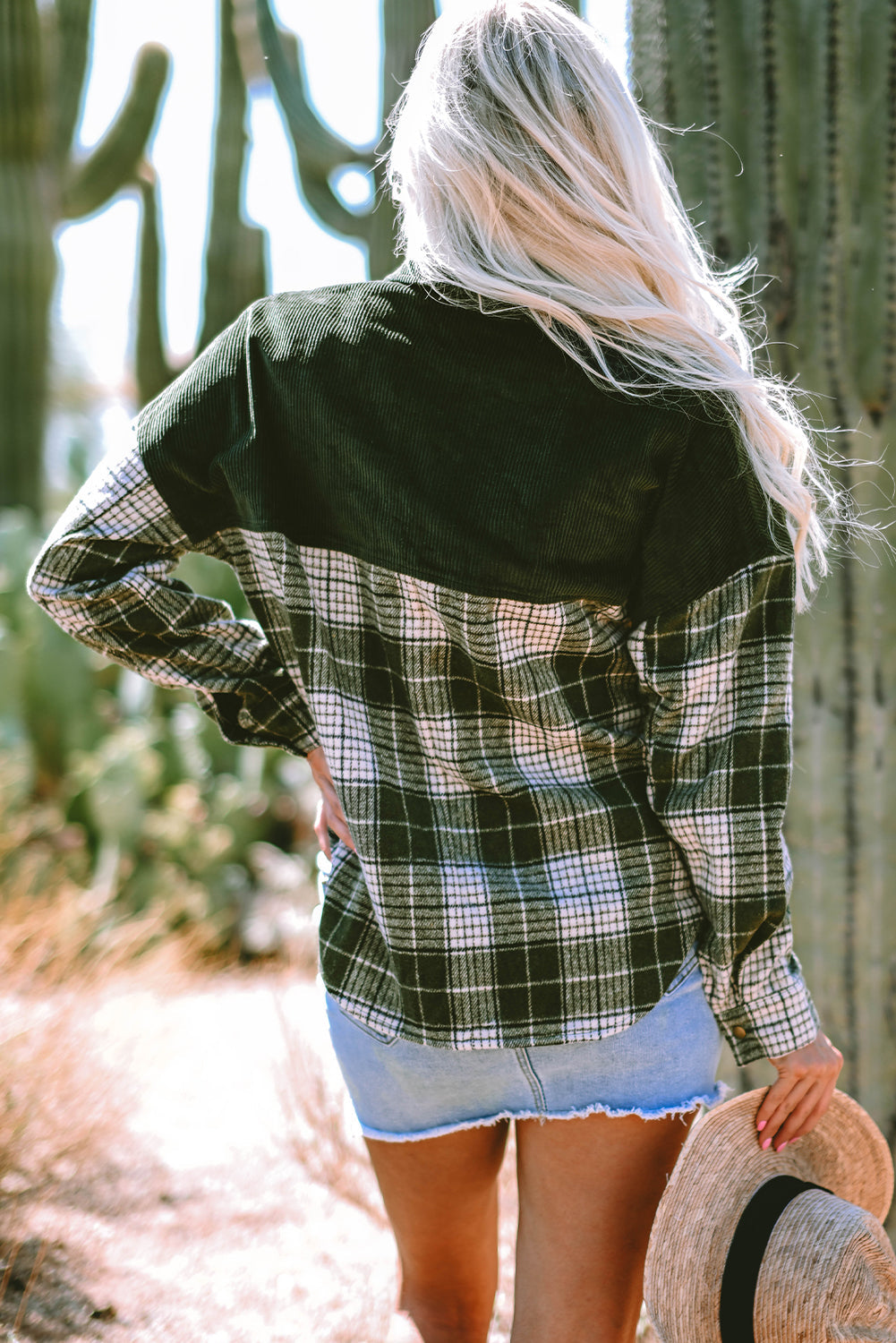 Blackish Green Snap Button Plaid Shacket with Corduroy Patchwork