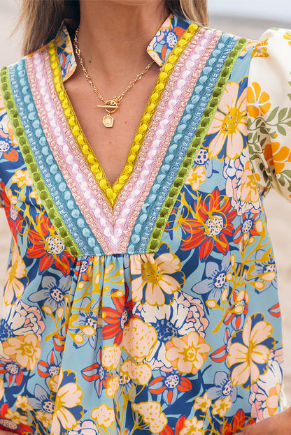 Boho Floral V Neck Crochet Trim Puff Sleeve Blouse