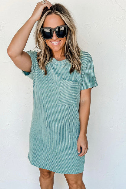 Striped Ribbed Knit Pocket T-Shirt Dress for Women