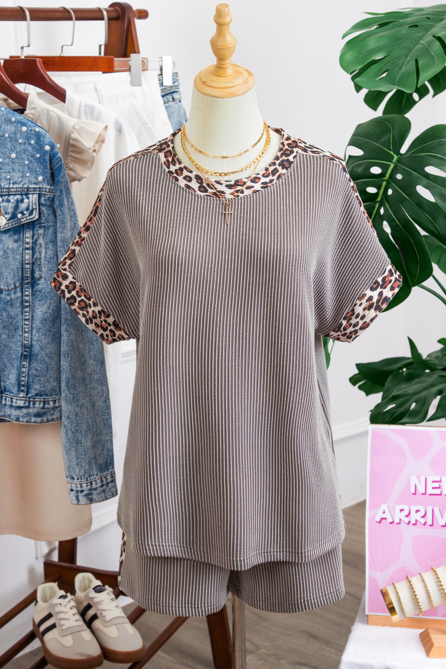 Leopard Trim Ribbed Short Sleeve Top and Shorts Set