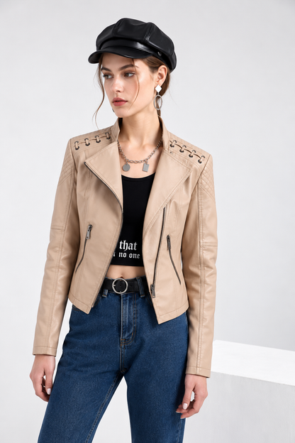 Womens Faux Leather Moto Jacket Slim Fit