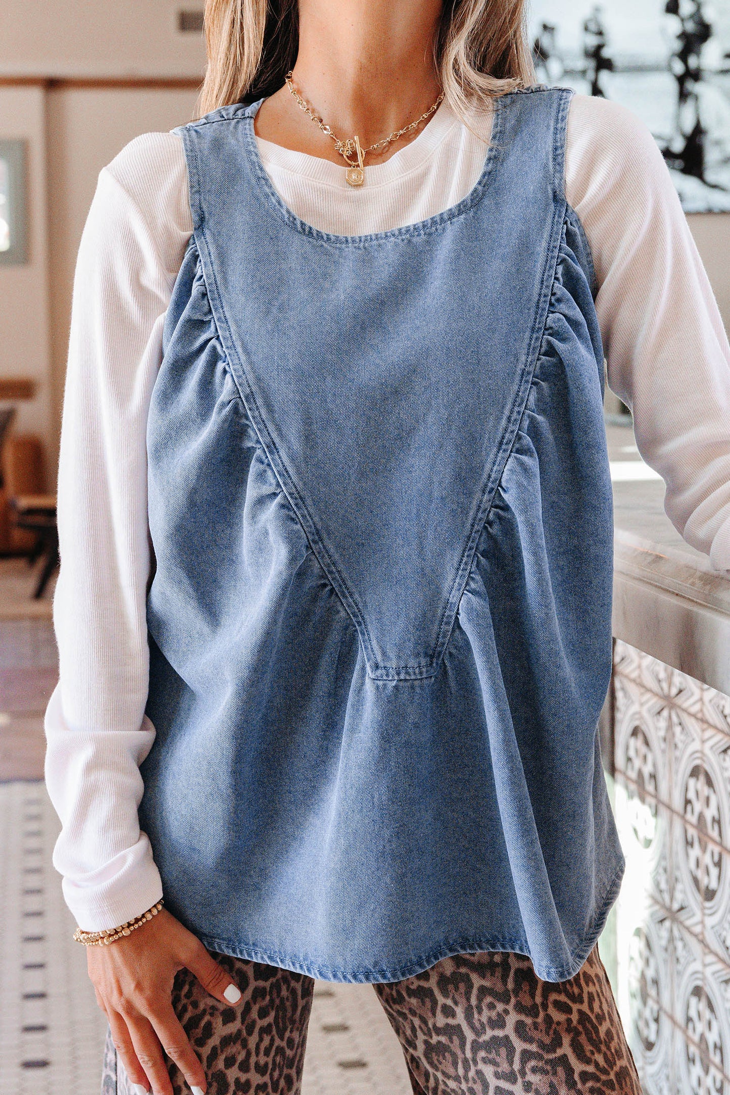 Washed Denim Ruffle Panel Babydoll Sleeveless Top