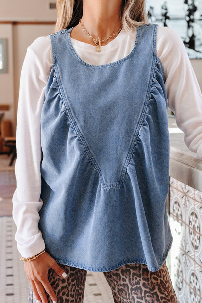 Washed Denim Ruffle Panel Babydoll Sleeveless Top
