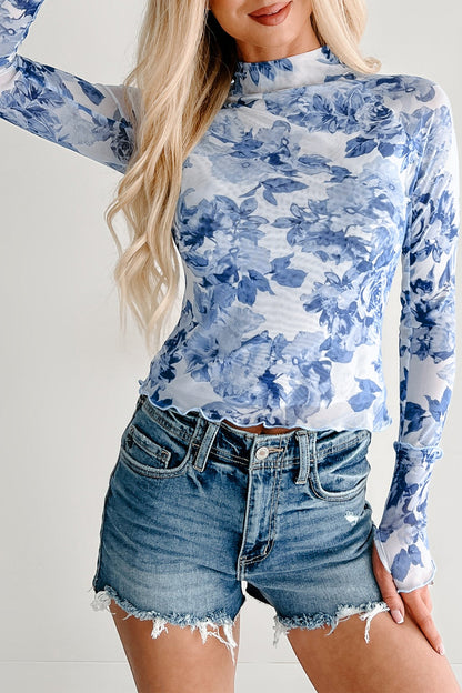 Blue Floral Mesh Mock Neck Long Sleeve Fitted Top