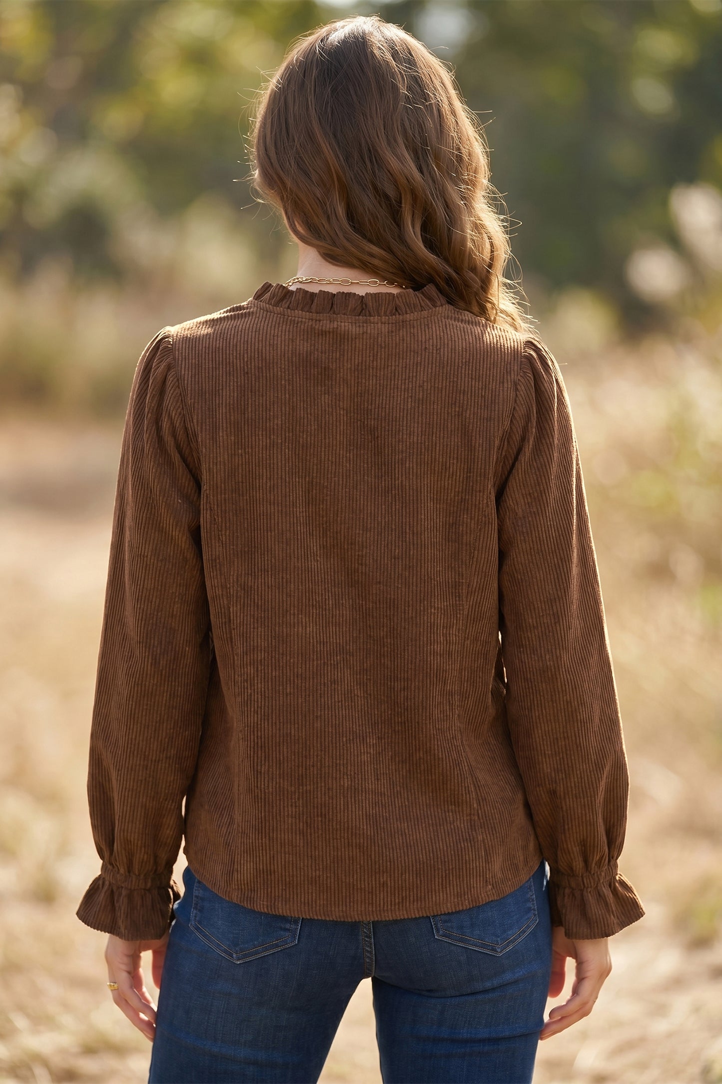 Coffee Corduroy Ruffle V Neck Button Shacket