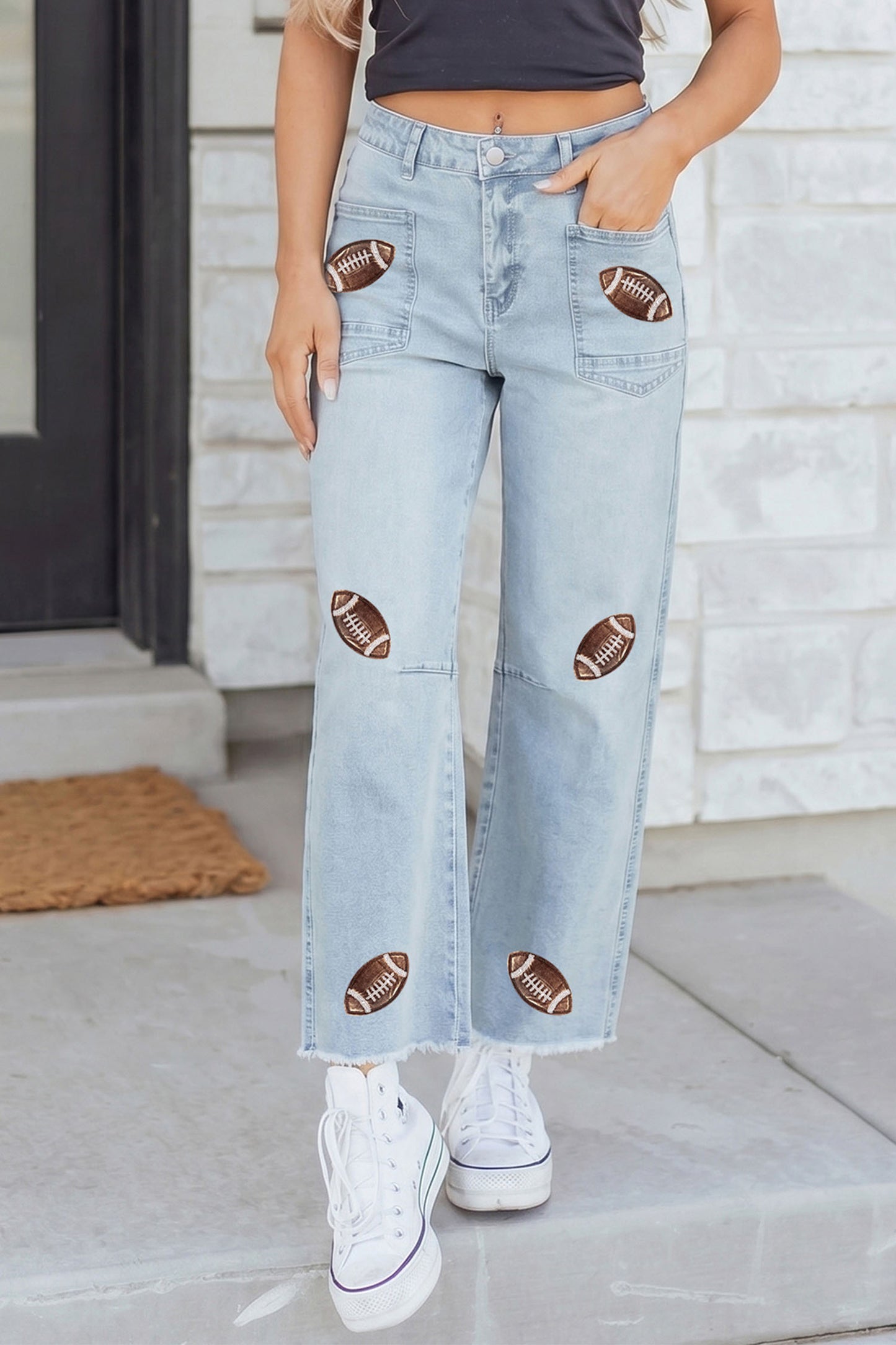 Game Day Sequin Football Patch Wide Leg Raw Hem Jeans