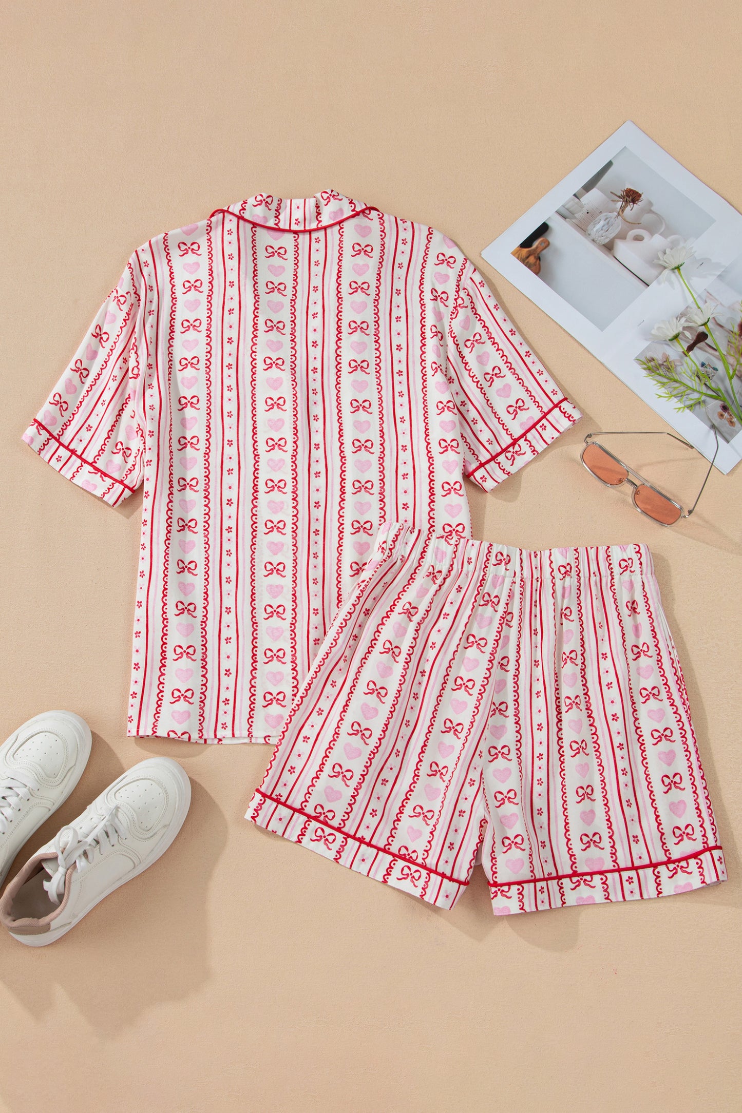 Valentines Heart Bow Print Ribbon Trim 2 Piece Pajama Set