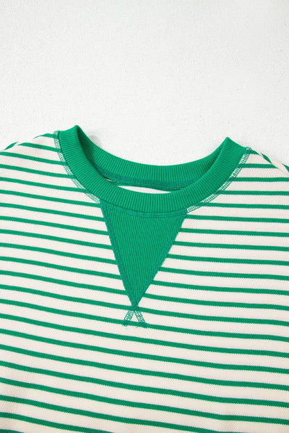 Green Striped Ruffle Sleeve Contrast Casual Top
