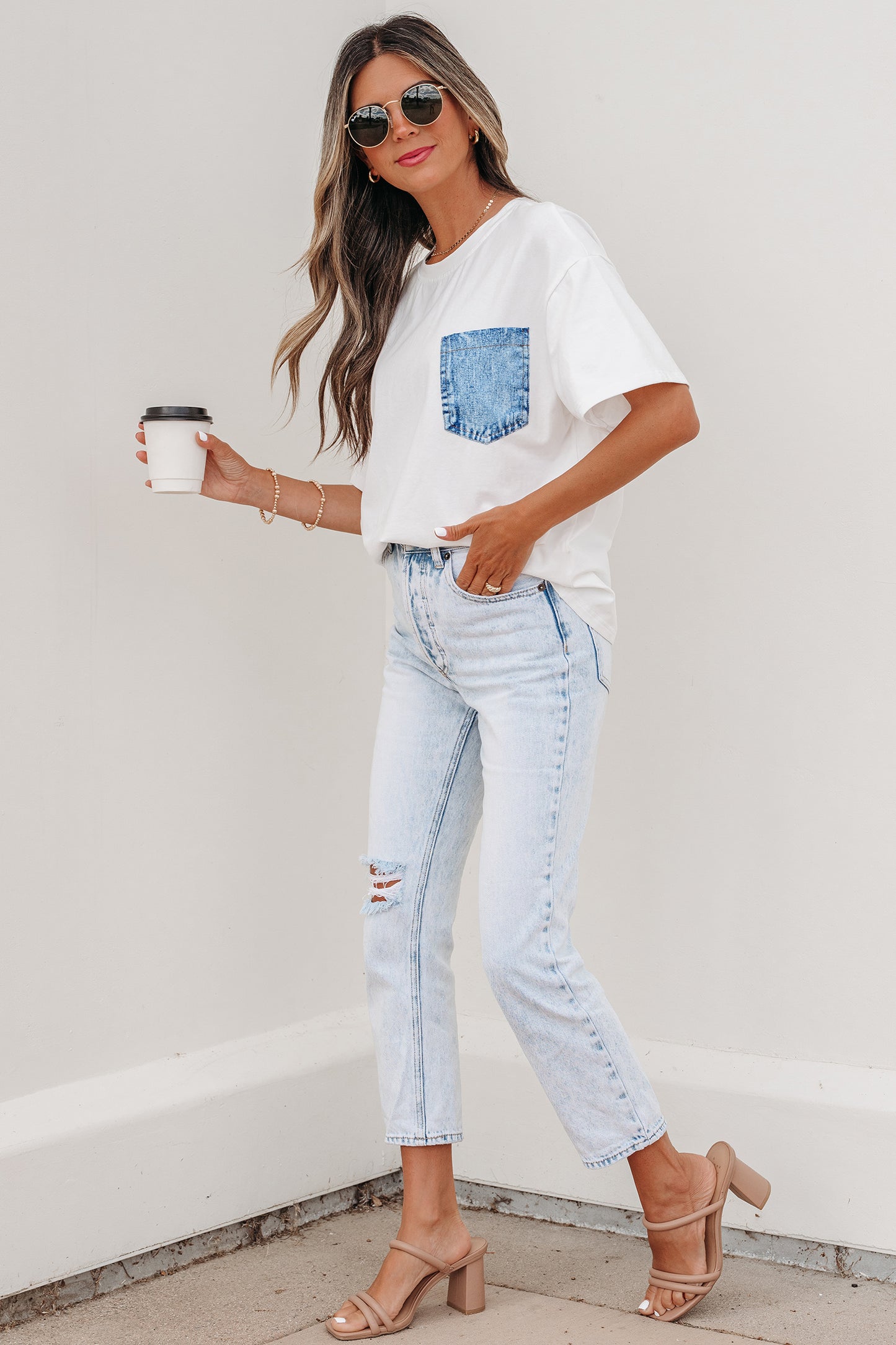 Pocket Tee Women Contrast Denim Pocket Casual T Shirt