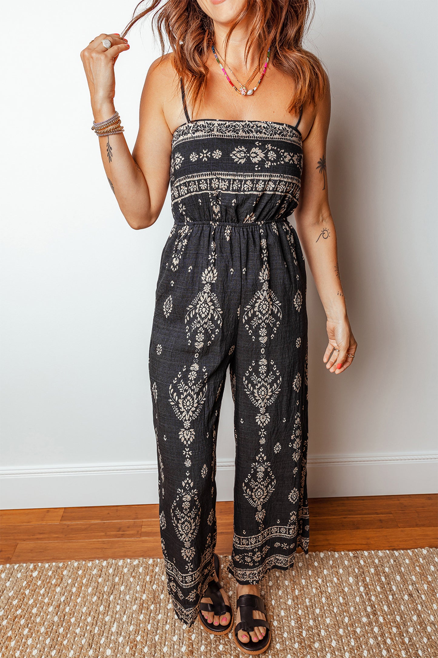 Black Boho Print Spaghetti Strap Wide Leg Jumpsuit
