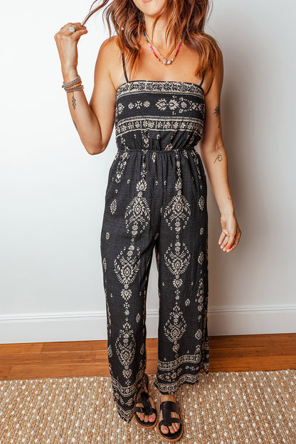 Black Boho Print Spaghetti Strap Wide Leg Jumpsuit