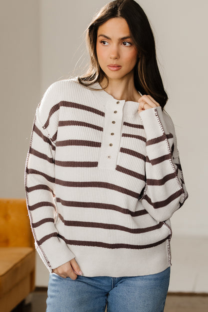Striped Ribbed Henley Sweater Drop Shoulder Pullover