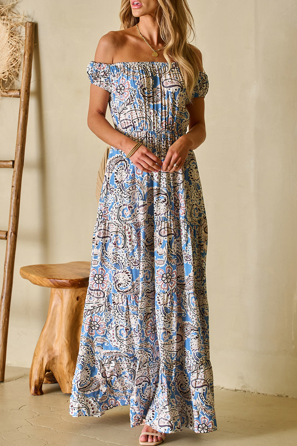 Blue Boho Paisley Off Shoulder Smocked Maxi Dress