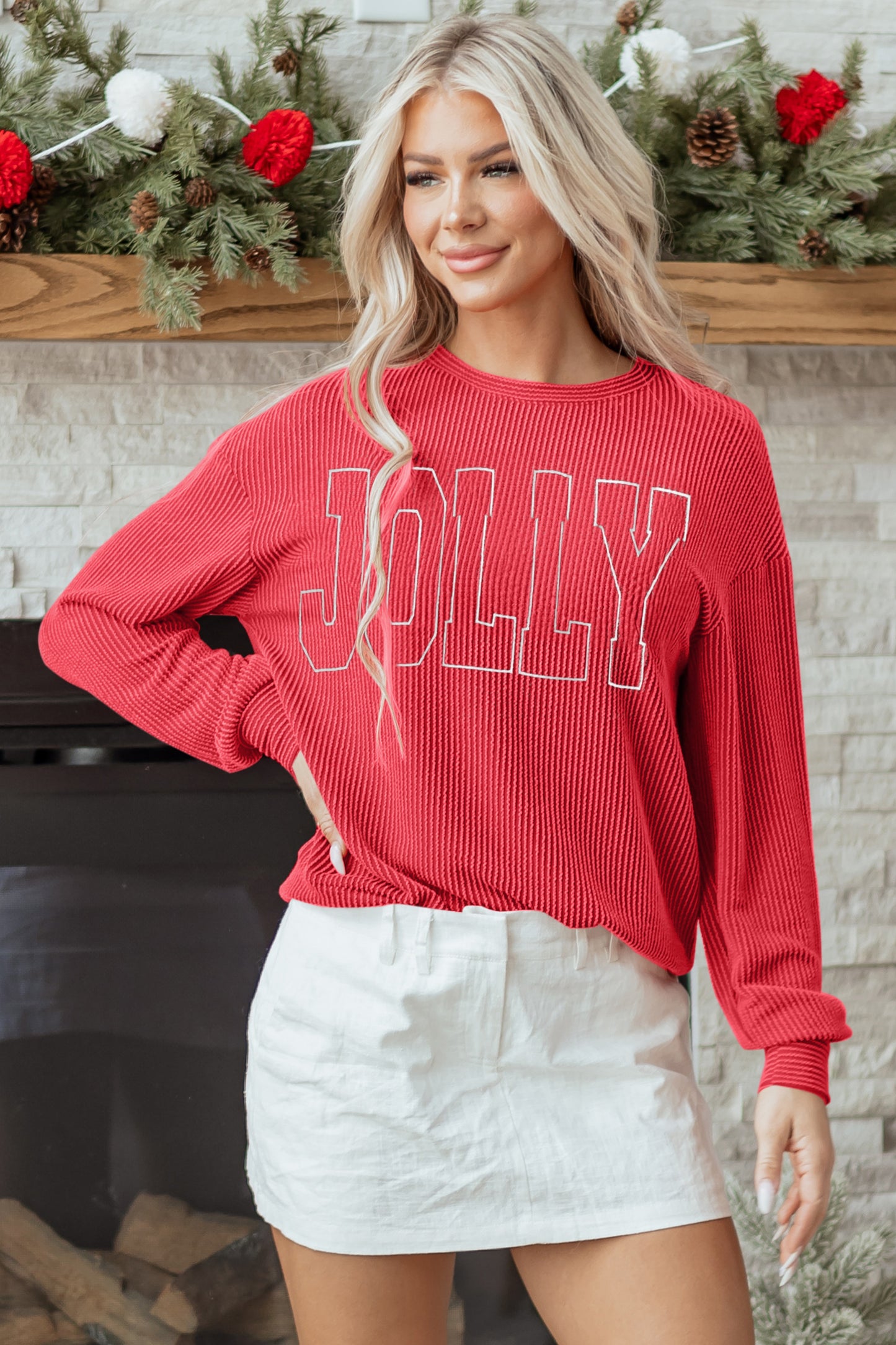 Corduroy MERRY Letter Christmas Pullover Sweatshirt