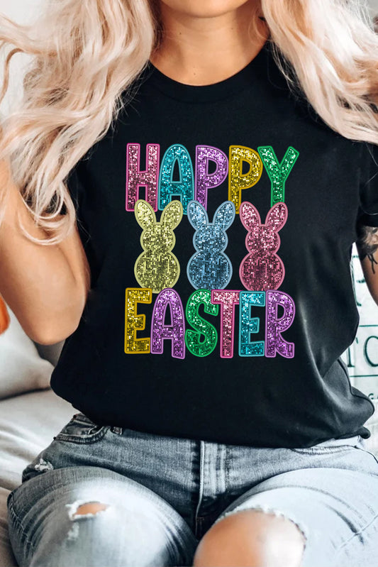 Black Sequin HAPPY EASTER Bunny Graphic Tee