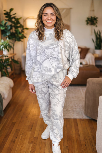 Gray Camo Print Oversized Sweatshirt Pants Set