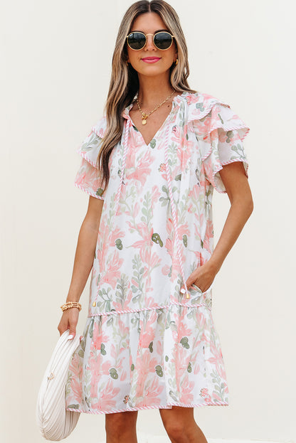 Sky Blue Floral Ruffle Sleeve Tie Neck Mini Dress