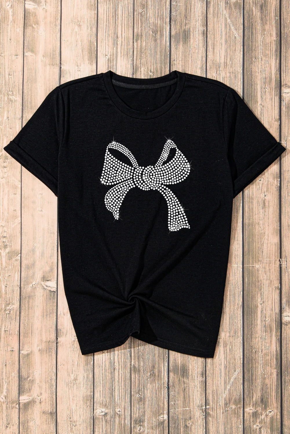 Valentines Black Rhinestone Bowknot Graphic Crewneck T Shirt