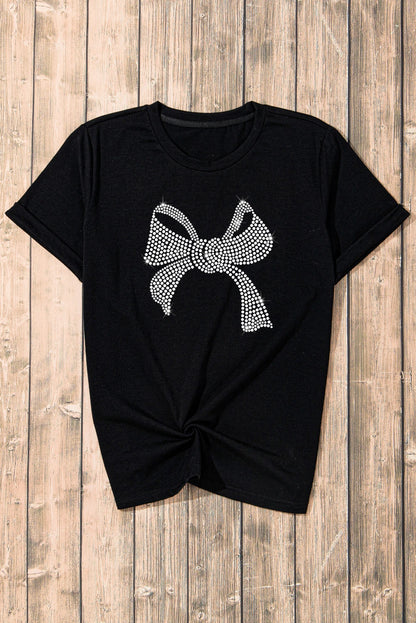Valentines Black Rhinestone Bowknot Graphic Crewneck T Shirt