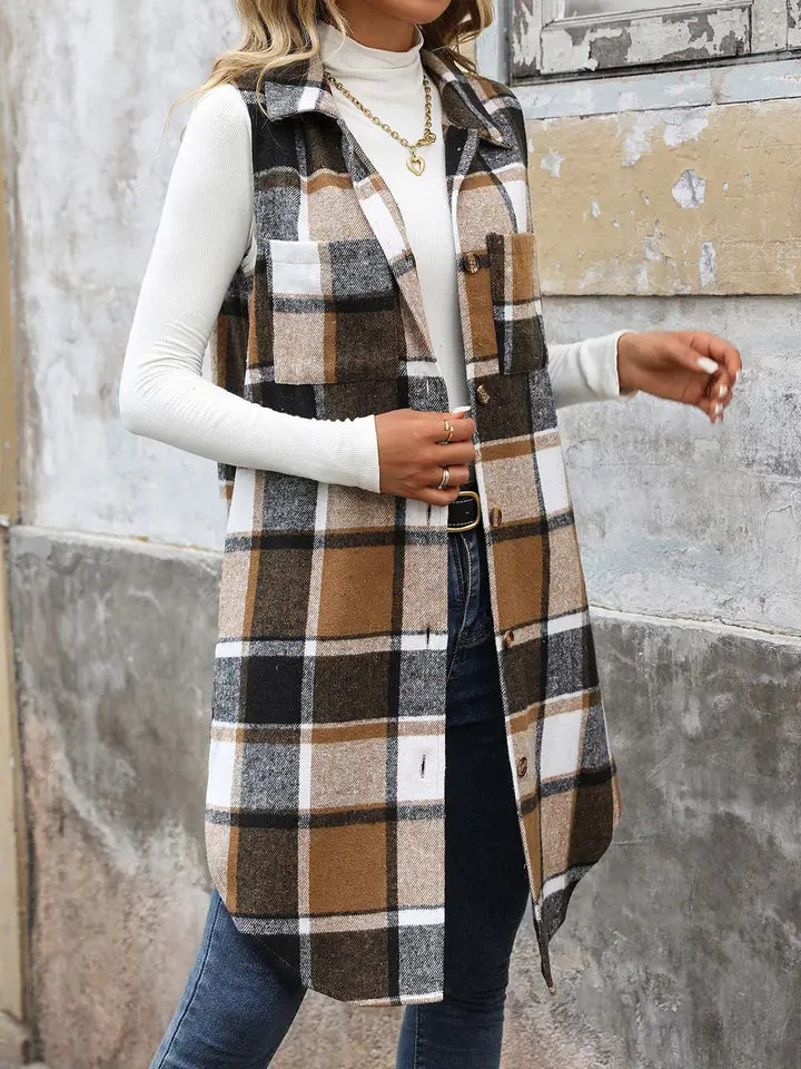 Plaid Longline Sleeveless Open Front Cardigan Vest
