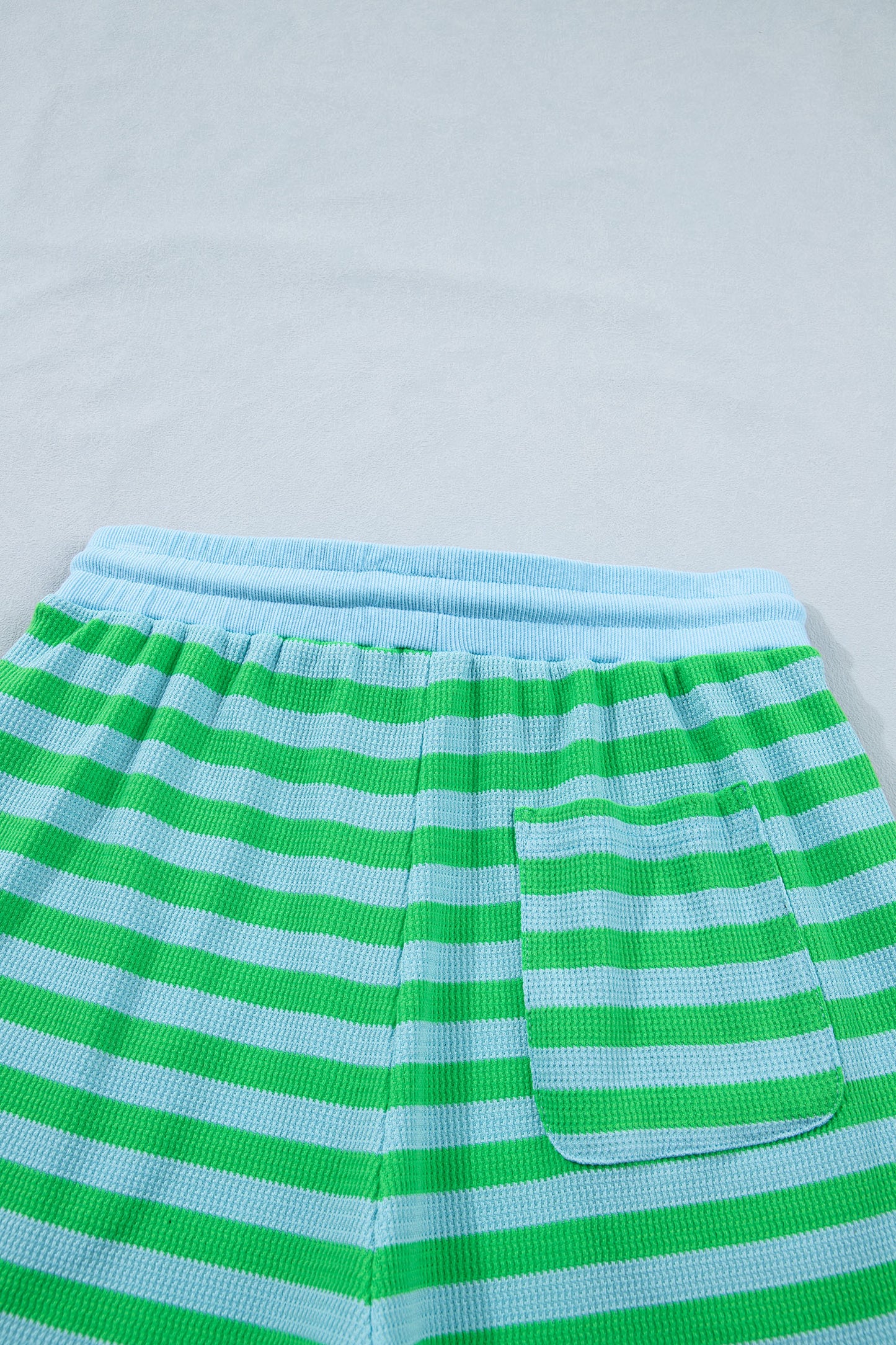 Green Stripe Puff Sleeve Lounge Set Drawstring Shorts