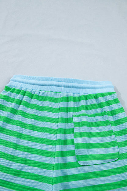 Green Stripe Puff Sleeve Lounge Set Drawstring Shorts