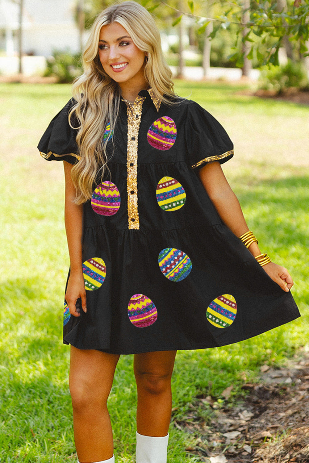 Black Easter Egg Sequin Trim Puff Sleeve Babydoll Dress