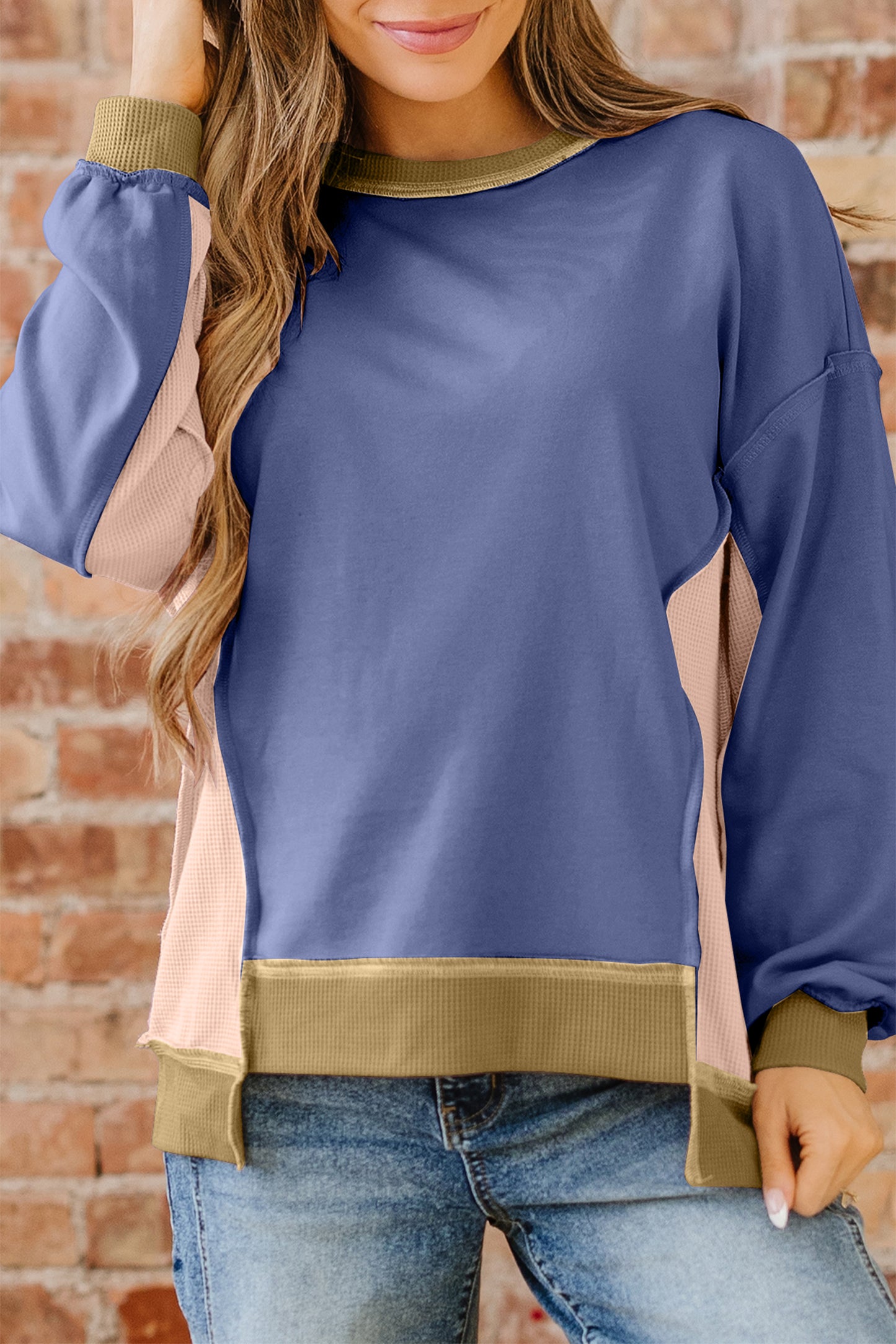 Color Block Patchwork Waffle Knit Oversized Sweatshirt