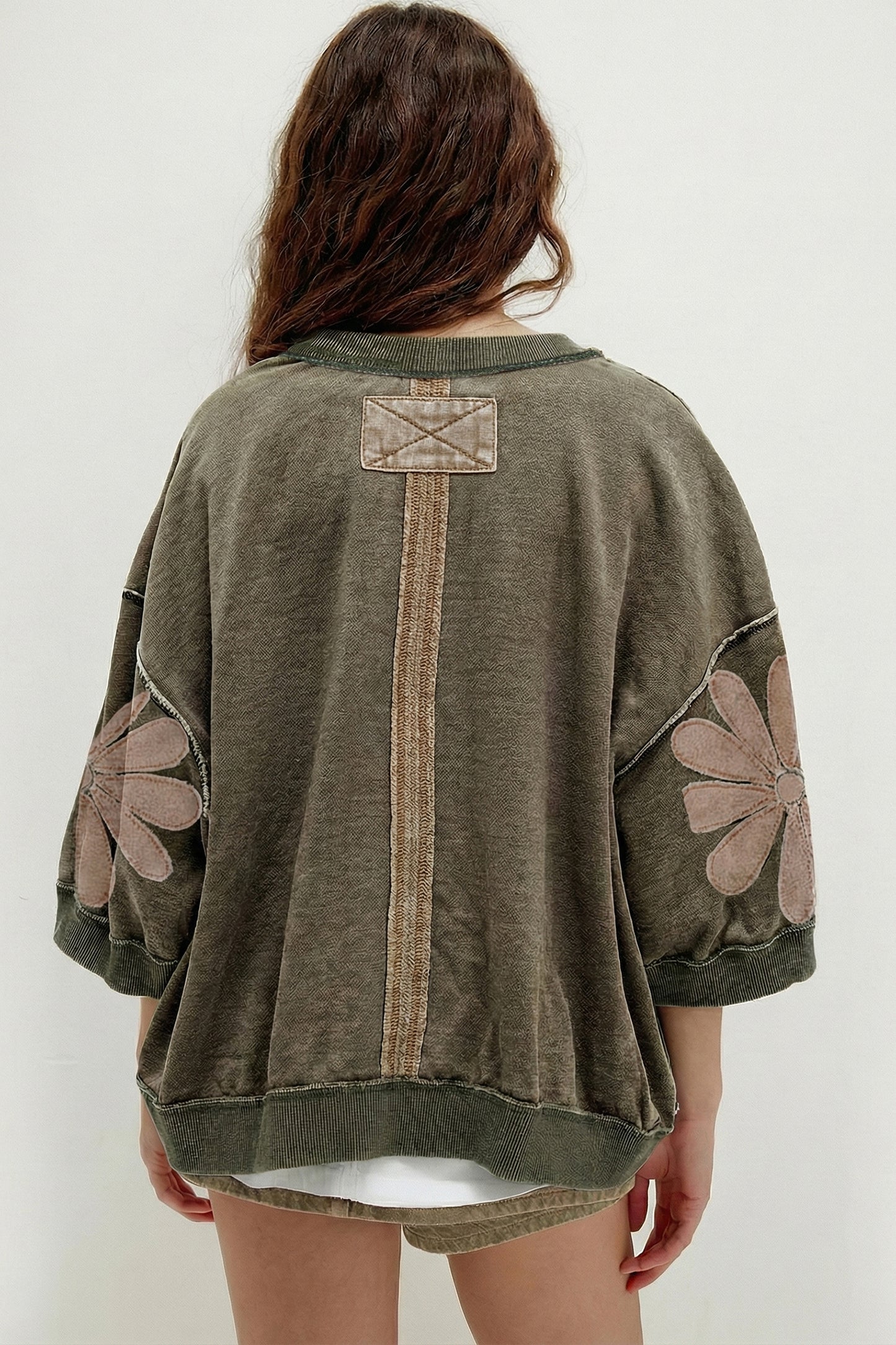 Mineral Wash Floral Patchwork Oversized Raw Seam Top