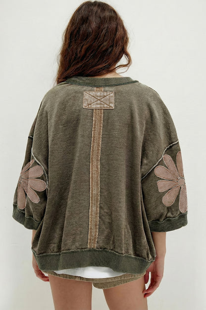 Mineral Wash Floral Patchwork Oversized Raw Seam Top