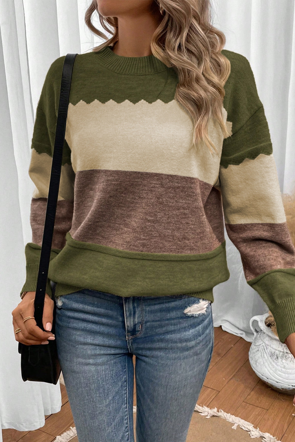 Black Beige Brown Colorblock Drop Shoulder Knit Sweater