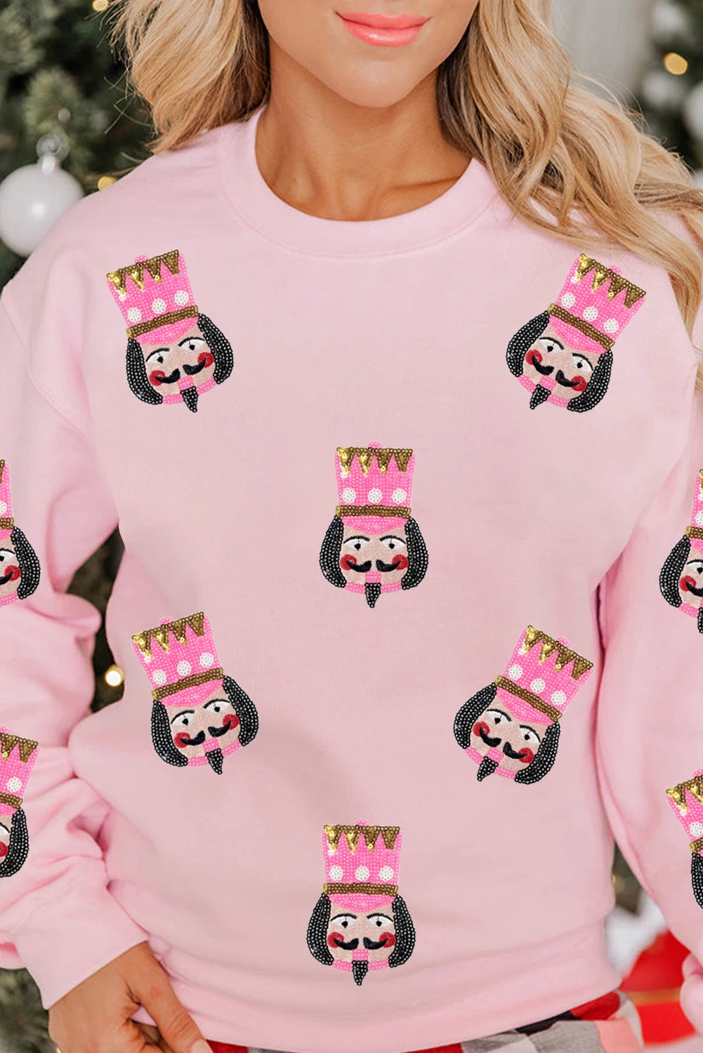 Pink Sequin Graphic Drop Shoulder Christmas Sweatshirt