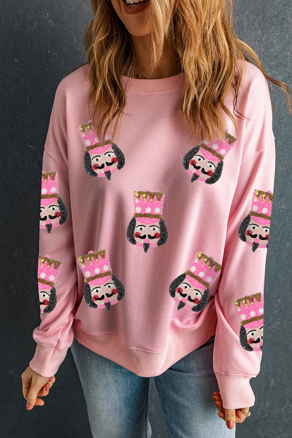 Pink Sequin Graphic Drop Shoulder Christmas Sweatshirt
