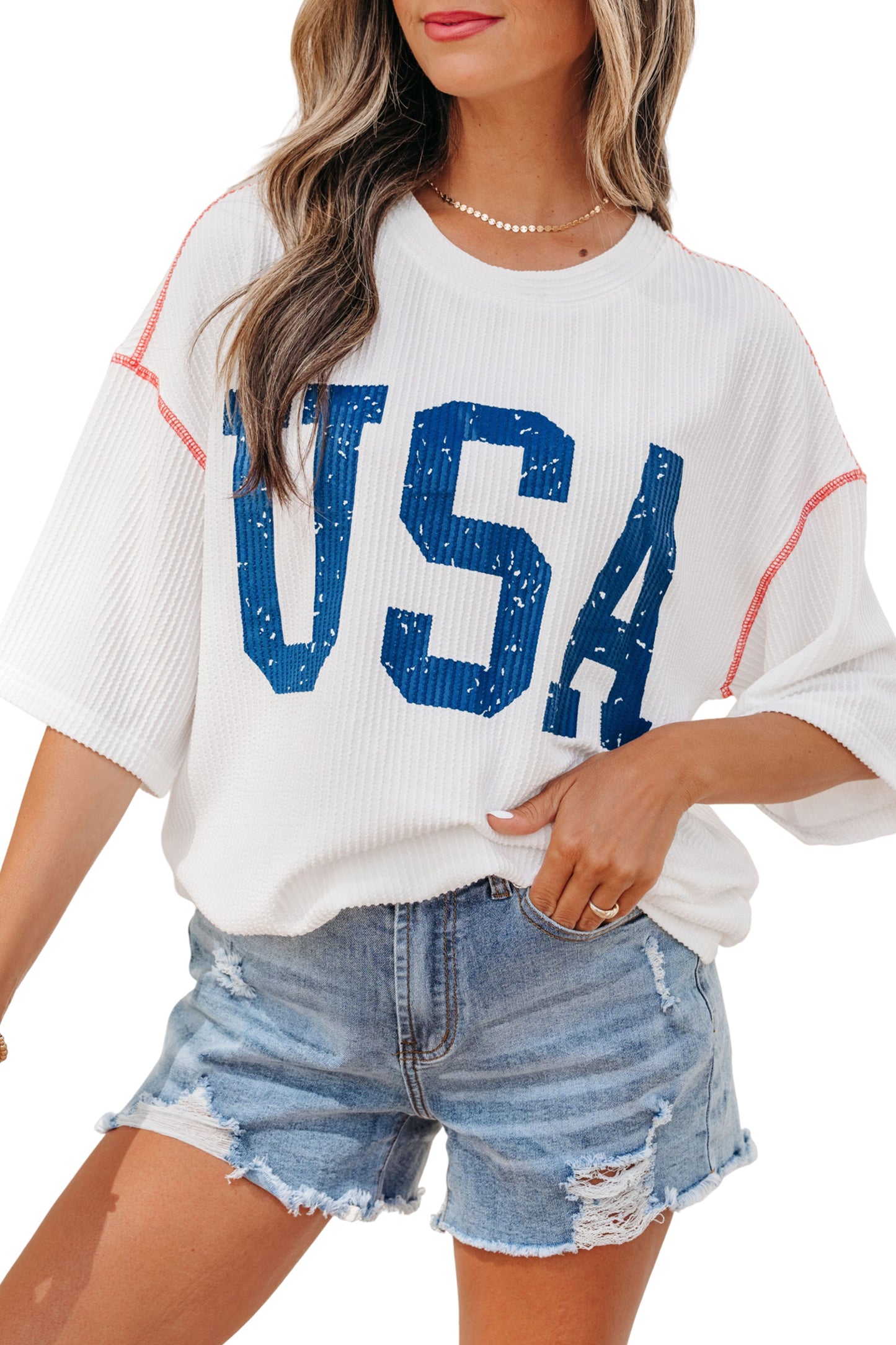 USA Ribbed Graphic Tee Loose Fit Flag Day July 4th