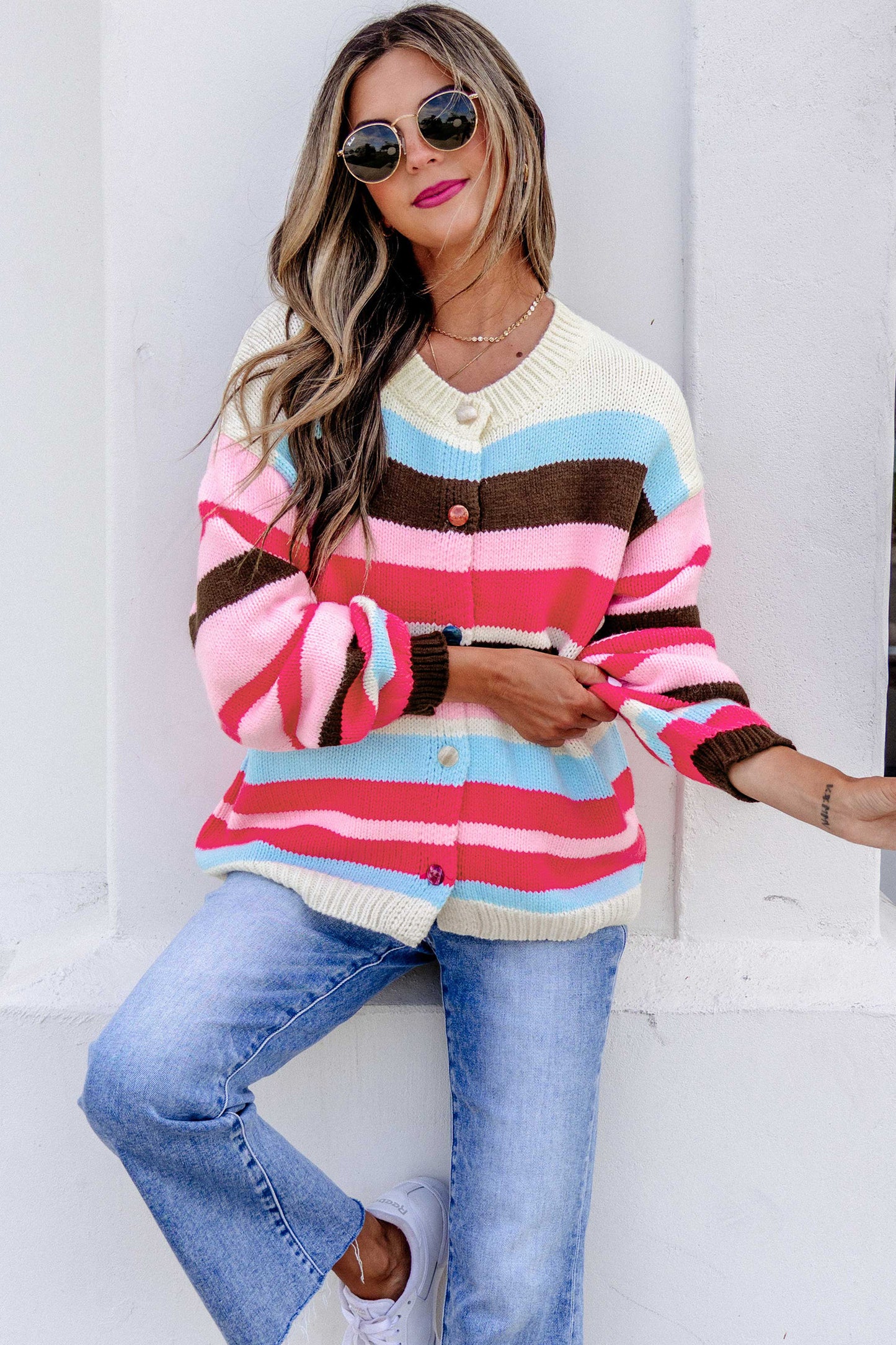Multicolor Striped Colorblock Drop Shoulder Knit Cardigan