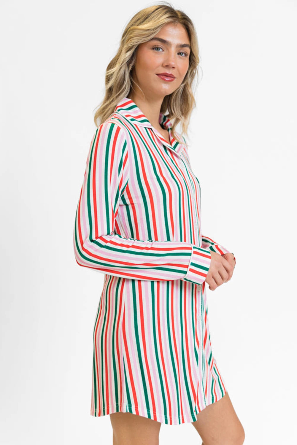 Pink Stripe Christmas Long Sleeve Shirt Style Lounge Dress