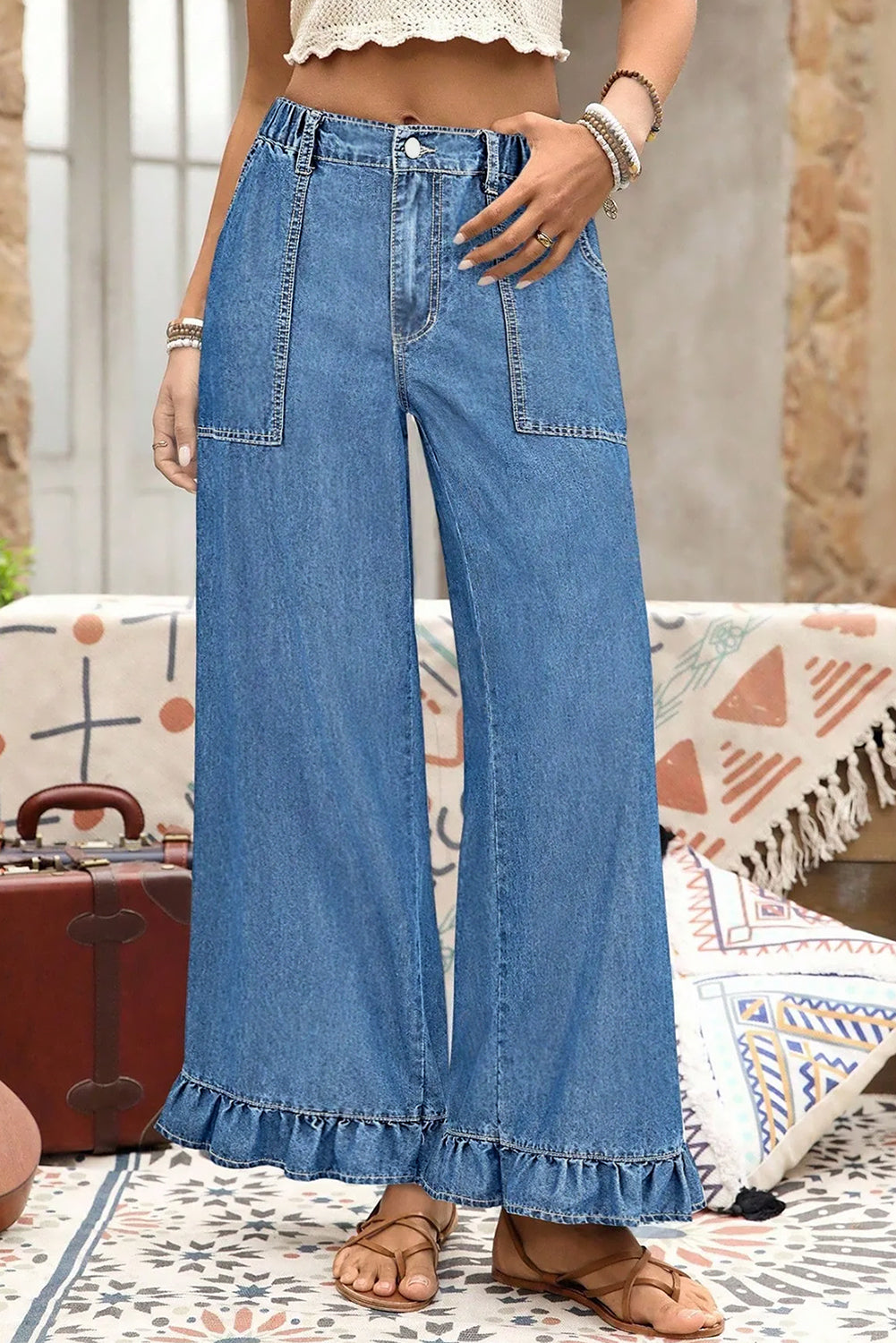 Sail Blue Plus Size Elastic Waist Ruffle Hem Jeans