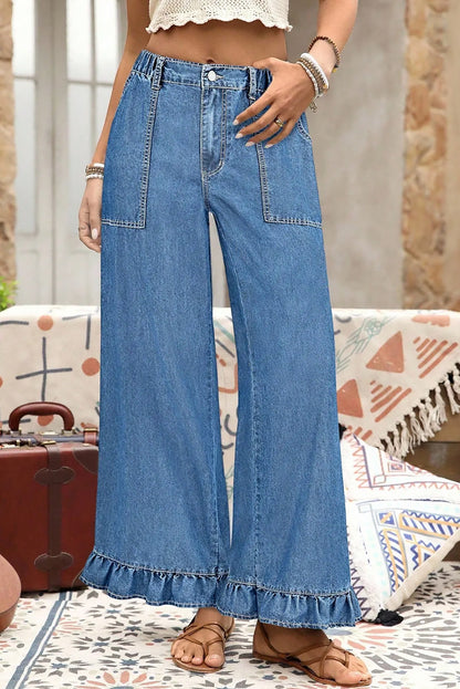 Sail Blue Plus Size Elastic Waist Ruffle Hem Jeans