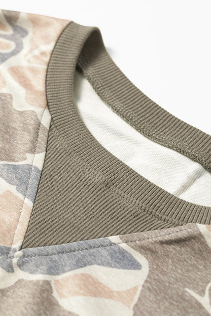 Camouflage Oversized Pullover Sweatshirt Rib Trim Top