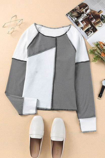Irregular Color Block Rib Knit Long Sleeve Top