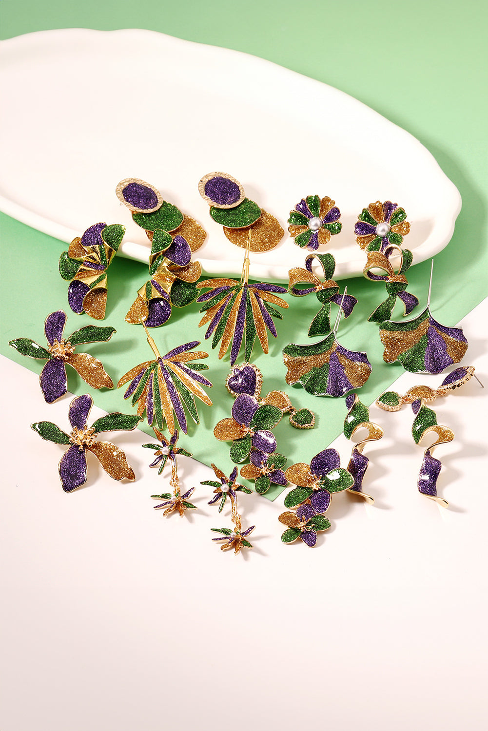 Mardi Gras Glitter Bow Earrings Purple Green Gold 3D