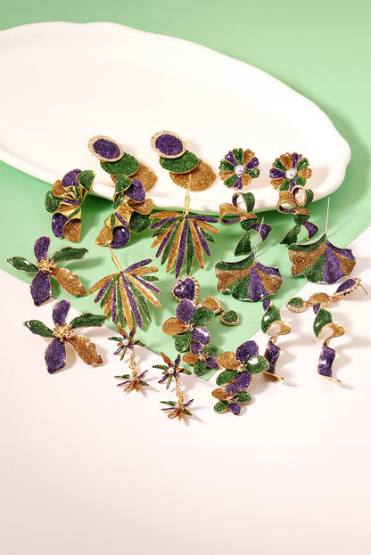 Mardi Gras Glitter Bow Earrings Purple Green Gold 3D