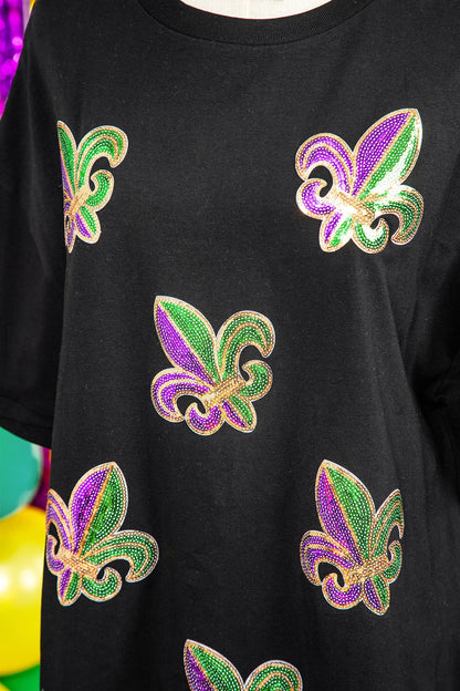 Black Oversized Sequin Fleur De Lis Mardi Gras Tee