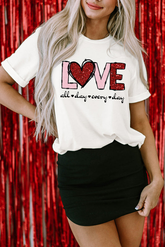 Valentines Day White LOVE Heart Graphic Crew Neck Tee