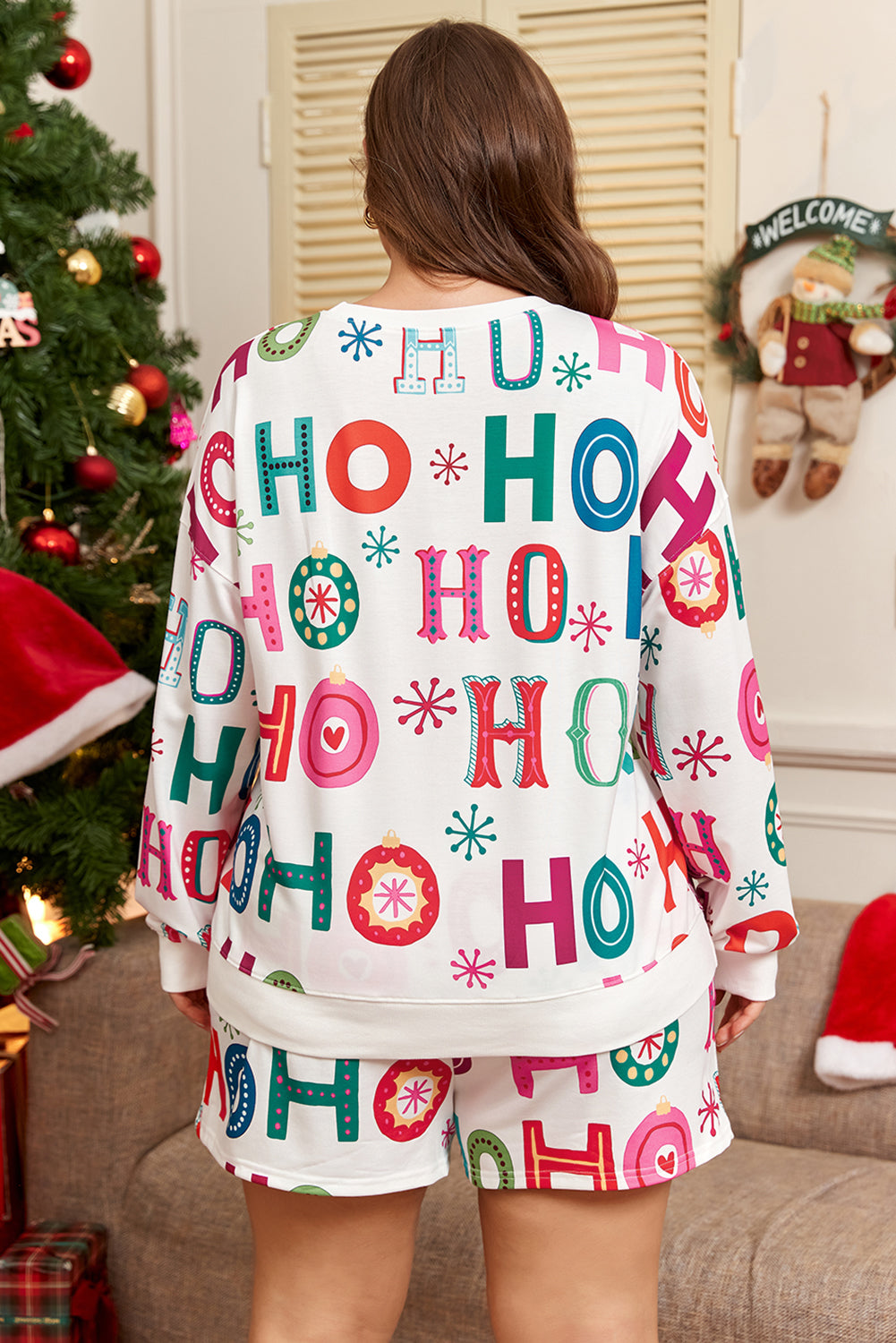 White Plus Size HO HO HO Christmas Print 2pc Lounge Set